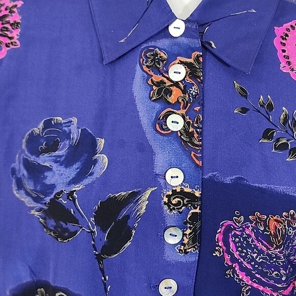 Victoria Soie silk vintage button down floral/rose print long sleeve top size XL - Picture 2 of 10
